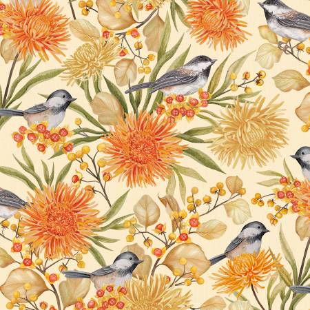 Chickadee Charm - Birds and Floral Allover - Cream